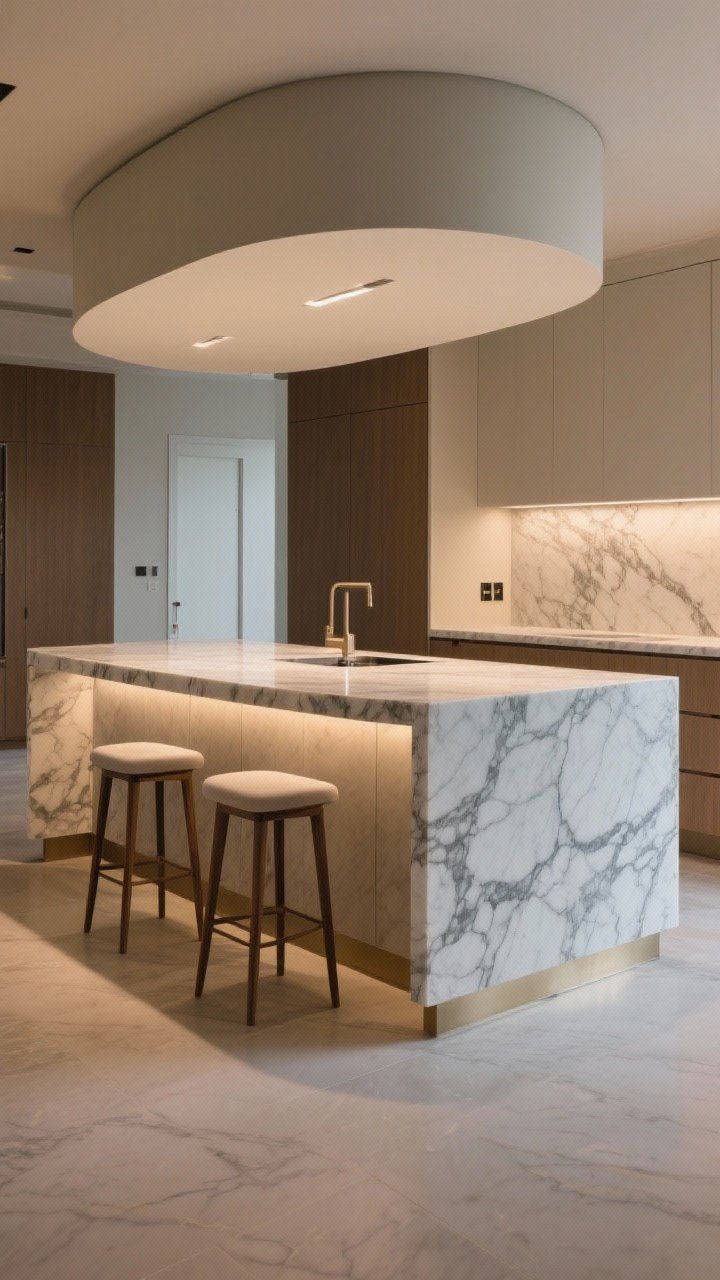 Photorealistic medium shot focusing on a statement island styled like furniture: a waterfall-edge quartzite countertop with pronounced veining; furniture-style base with tapered legs at the seating end and a recessed toe-kick for lightness; integrated rounded overhang with two low-profile stools; a discreet outlet panel on the island side; warm ambient light, no people