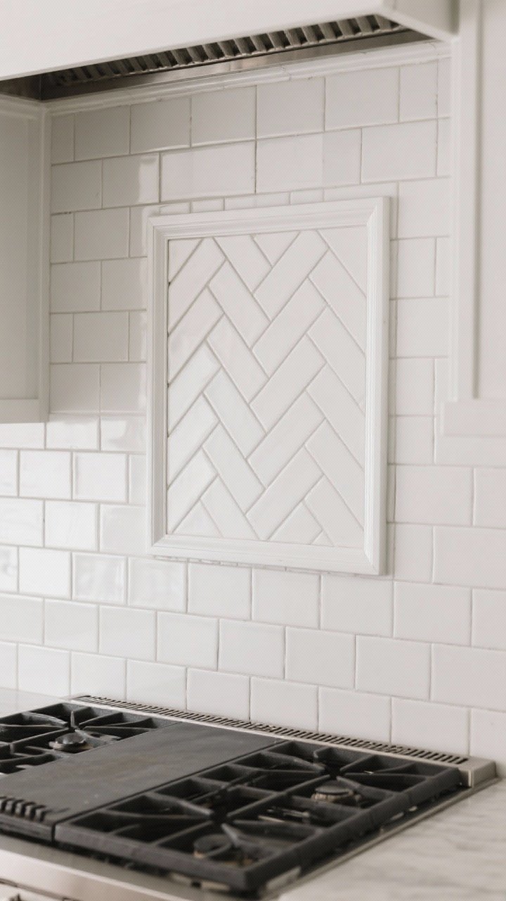 Photorealistic medium shot focusing on classic white matte subway tiles installed in a vertical stack pattern, with color-matched grout for a seamless look. Behind the range, a framed inset panel in herringbone creates a focal point. Oversized 4x12 tiles reduce grout lines. Finished edges with white schluter trim. Soft, diffuse lighting enhances the matte texture and minimizes fingerprints, timeless yet upgraded.