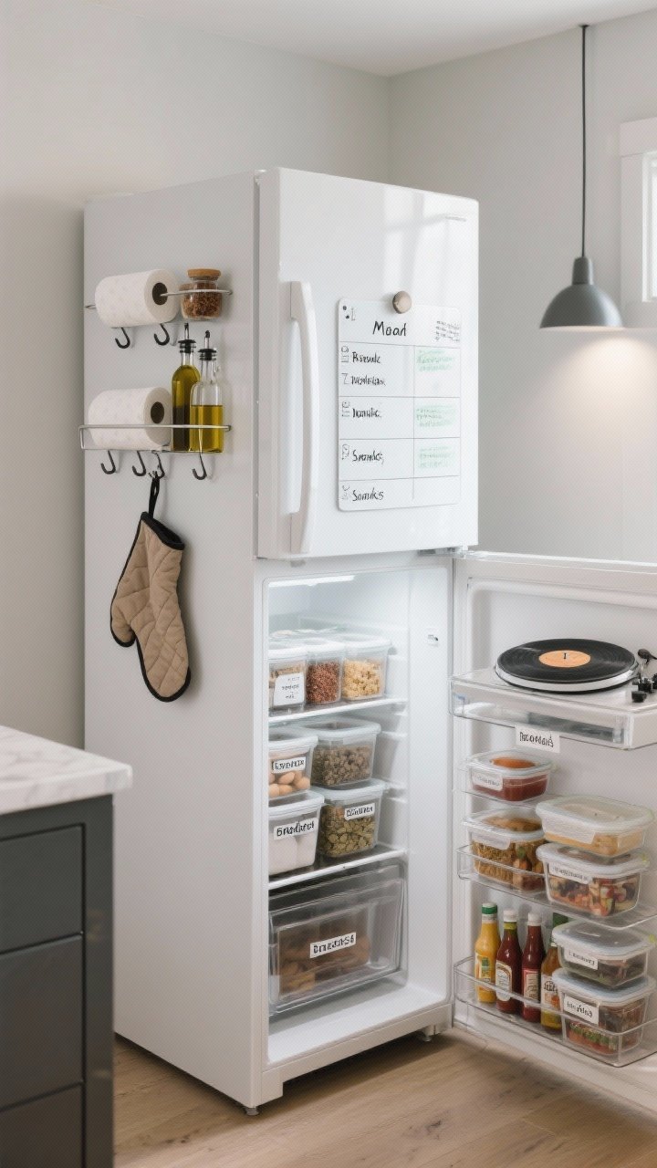 Photorealistic medium shot focusing on the fridge as storage: matte white refrigerator exterior with magnetic shelves holding paper towels, spices, and oil/vinegar; magnetic hooks with an oven mitt; a covered magnetic whiteboard for meal planning, visually calm; inside glimpse shows clear bins labeled breakfast, snacks, condiments, stackable glass leftovers containers, and a turntable with sauces; balanced, curated composition, cool kitchen lighting