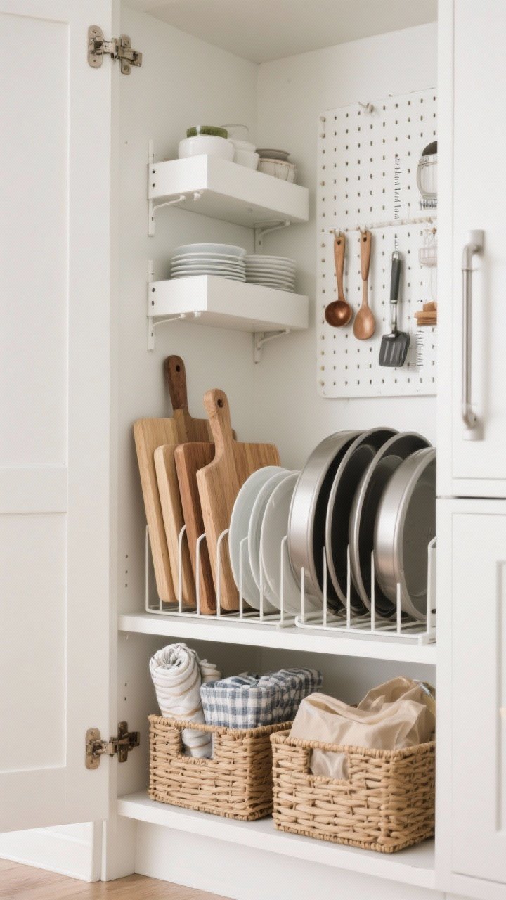 Photorealistic medium shot inside a kitchen cabinet showcasing vertical storage: white risers and shelf inserts doubling dish and pantry space, file-style pan organizers standing cutting boards and sheet pans upright, and under-shelf baskets holding wraps, napkins, and baggies. Inside the door, a neat pegboard with measuring spoons and small tools. Straight-on perspective, bright functional light, emphasis on vertical lines and tidy order.
