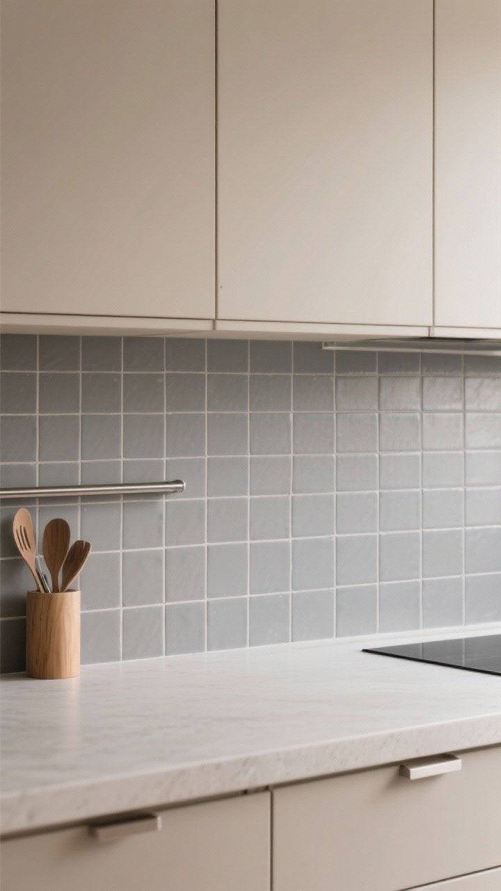 Photorealistic medium shot of a backsplash wall covered in tiny matte square tiles (1x1) in a monochrome soft gray tone, grout perfectly color-matched for a seamless look; rectified edges with tight joints forming a precise micro-grid; flat-front cabinets in warm putty with minimalist pulls; serene, diffused natural light to reduce glare; include a simple oak utensil holder and a brushed steel rail for subtle texture; straight-on view emphasizing the calm rhythm of the grid.
