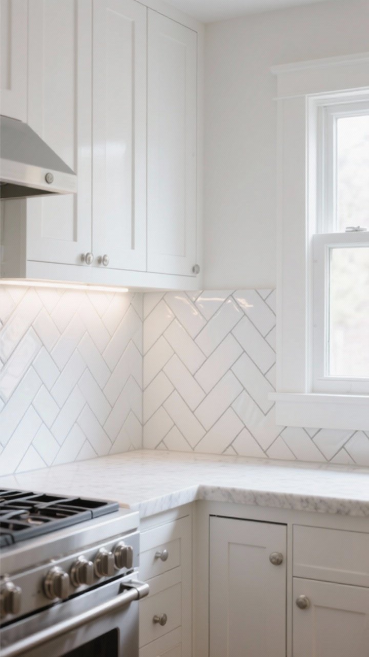 Photorealistic medium shot of a bright, small kitchen backsplash featuring white 3x6 subway tiles installed in a herringbone pattern, soft gray grout for definition, and a few tiles with beveled edges catching the light; glossy finish tiles bouncing natural daylight from a nearby window under-cabinet lighting; include simple white shaker cabinets, a stainless range, and a pale quartz counter; mood: crisp, airy, timeless; camera straight-on to emphasize layout and grout detail.
