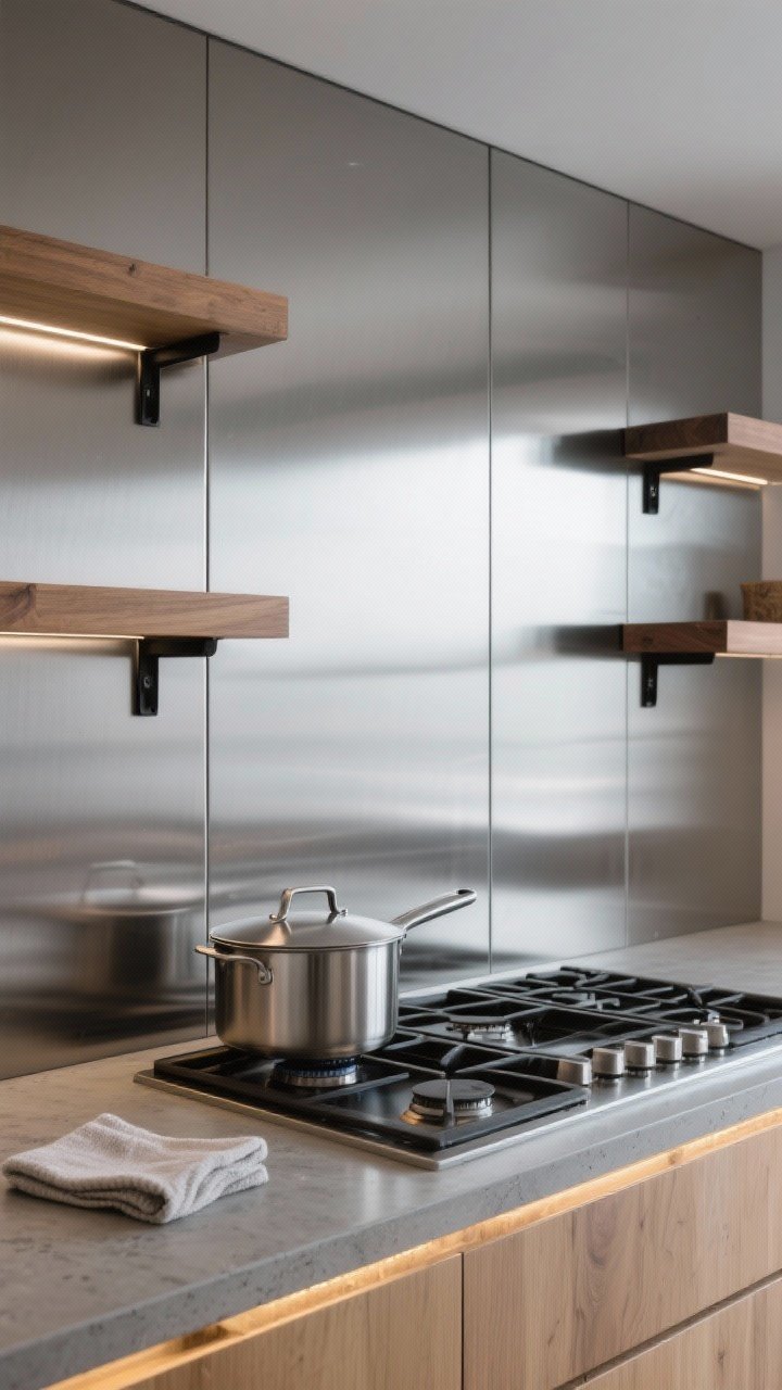 Photorealistic medium shot of a chef-chic kitchen wall clad in a single brushed stainless steel sheet backsplash behind a cooktop, seamless panel with satin finish to hide fingerprints; reflective depth balanced by warm wood floating shelves and black metal brackets; pair with concrete countertop and light oak cabinetry; include minimal items: a stainless pot and a folded microfiber cloth; cool, even task lighting from under-cabinet LEDs; slightly off-center angle to capture sheen without glare.
