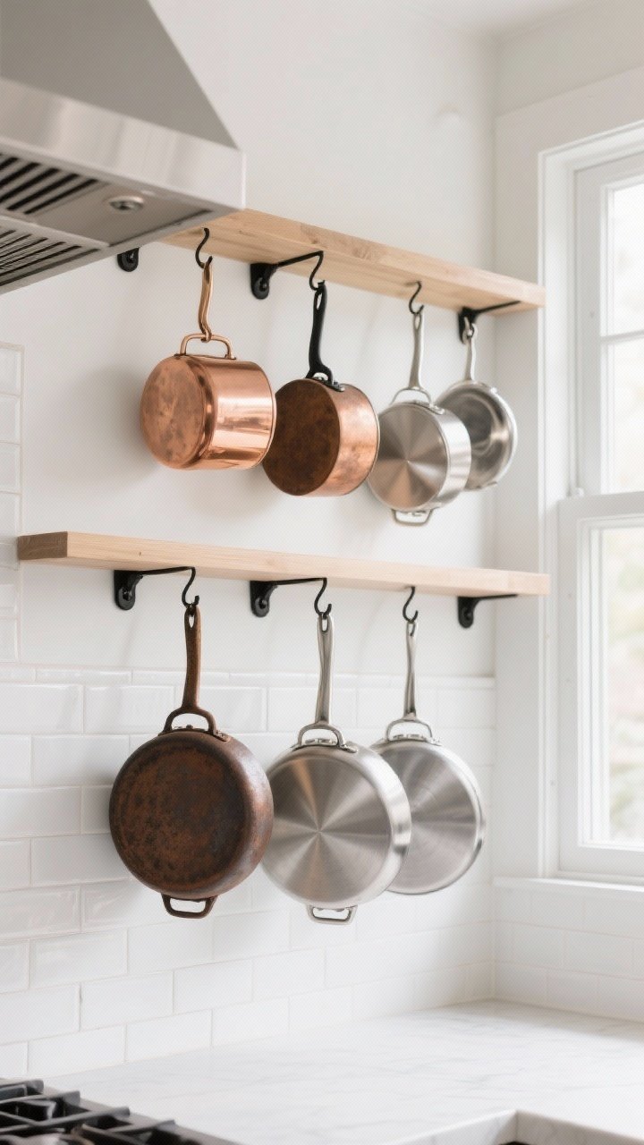 Photorealistic medium shot of a chic wall-mounted pot rack in a bright, airy kitchen; copper, cast iron, and stainless-steel pots and pans hang on S-hooks, with most-used pans at eye level and heavier Dutch ovens lower; soft natural light from a nearby window highlights metallic finishes and ventilation space around each piece; clean white tile backsplash, light wood shelves, and matte black anchors visibly secured into studs; mood: stylish, functional, and gallery-like display of cookware.