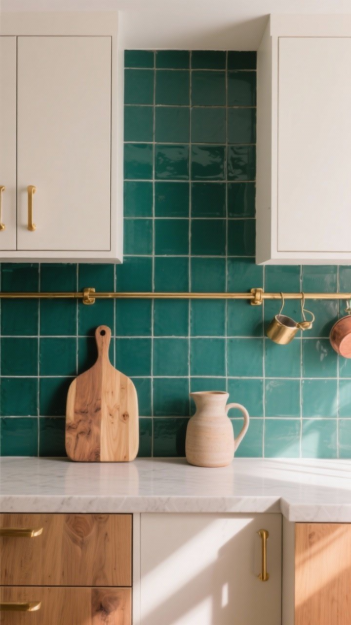 Photorealistic medium shot of a color-drenched tile backsplash: saturated square tiles in deep forest green or dusty cobalt (alternatively blush or terracotta) behind neutral cabinetry (white/cream/natural oak); warm metal accents (brass hardware, brass pot rail) and soft layered lighting; balanced with simple countertops; minimal styling—wood cutting board and ceramic pitcher; straight-on view highlighting bold color and clean grid.