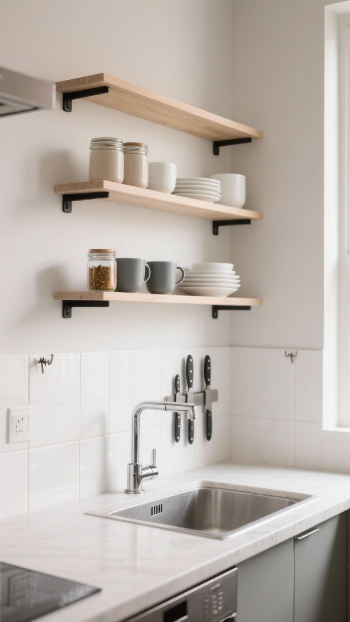 Photorealistic medium shot of a compact apartment kitchen wall styled vertically: narrow 6–8 inch open shelves above the sink hold matching neutral-toned jars and white everyday dishes, a slim floating ledge displays spices and two matte mugs, and a sleek stainless magnetic knife strip frees counter space; slim black brackets, light wood shelves, soft natural morning light, clean white tile backsplash, rental-friendly Command hooks subtly visible, cohesive minimalist palette