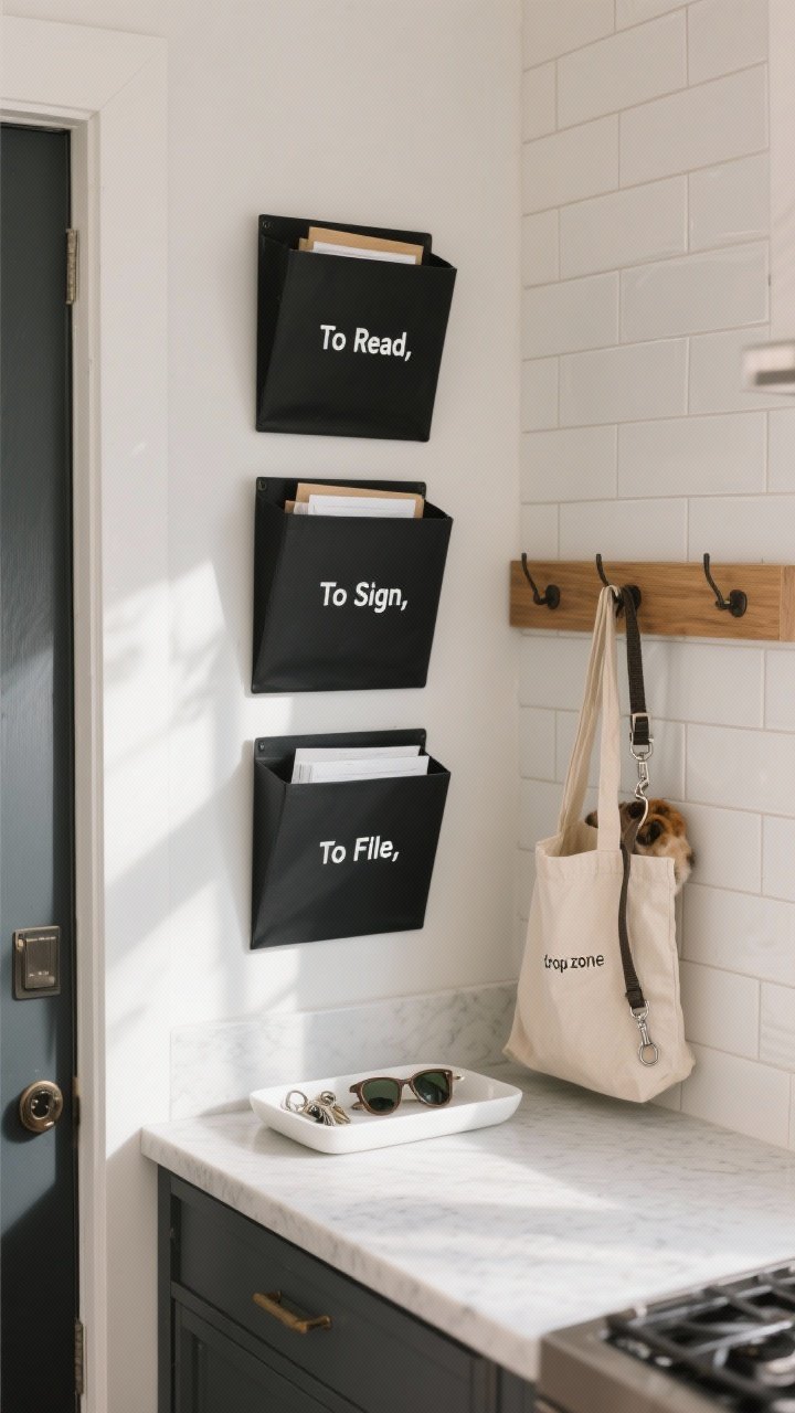 Photorealistic medium shot of a compact kitchen “drop zone” by the entry: wall-mounted matte black file pockets labeled “To Read,” “To Sign,” “To File,” a slim white ceramic tray holding keys and sunglasses on a light quartz counter, and a natural wood hook strip with a canvas tote and dog leash; soft afternoon natural light, clean subway tile backdrop, calm, clutter-free vibe