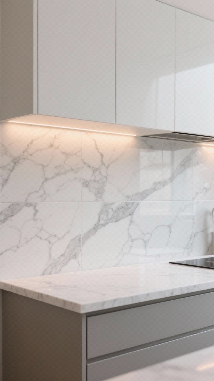 Photorealistic medium shot of a contemporary kitchen backsplash in marble-look porcelain with soft gray veining, paired with a quiet white quartz countertop with subtle veining; large-format porcelain tiles minimize grout lines; grout color matched to the porcelain’s light gray veining; sleek white cabinetry, warm under-cabinet lighting for gentle sheen; balanced, luxe-but-low-maintenance mood; no people.