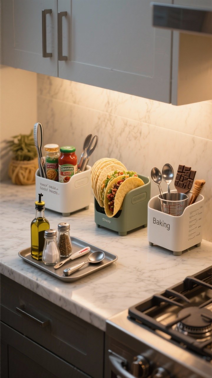 Photorealistic medium shot of a countertop with three portable cooking caddies arranged near their zones: a Stovetop Caddy on a small tray holding oils, salt, pepper, tongs, meat thermometer, and a spoon rest; a Taco/Italian Night Caddy with spices, taco shells or pasta staples, salsa or tomato paste, and tortillas or noodles; a Baking Caddy with measuring cups, spoons, leaveners, cocoa, chocolate chips, and vanilla. Clean quartz counter, warm evening task lighting, grab-and-go efficiency.