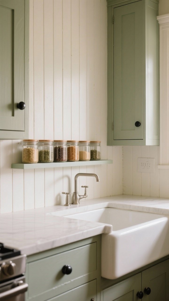 Photorealistic medium shot of a cozy cottage-style kitchen backsplash made of painted beadboard installed vertically for added height, color-matched to cabinetry; a thin rail ledge holds spice jars for a custom touch; moisture-resistant panels near the sink with scrubbable enamel finish; warm, diffused daylight; simple black knobs for contrast