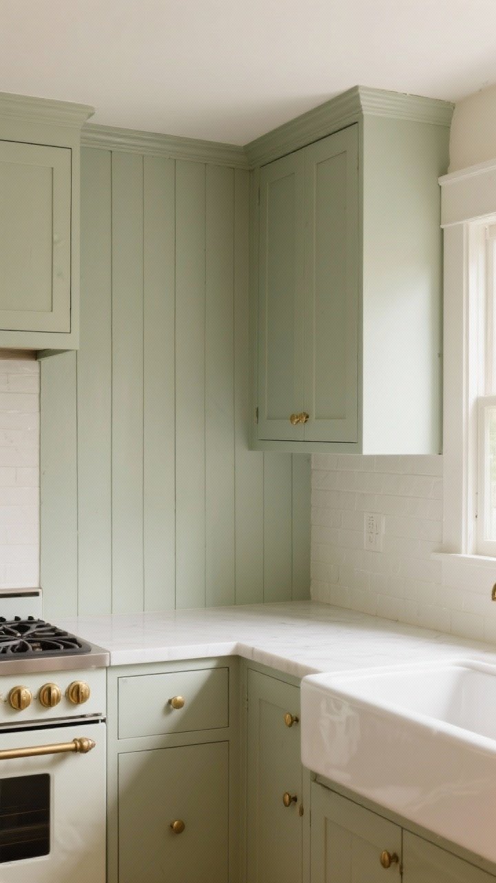 Photorealistic medium shot of a cozy kitchen wall clad in vertical shiplap painted in a scrubbable satin enamel, color dusty sage; vertical lines draw the eye up toward upper cabinets, making the ceiling feel taller; caulked seams near the sink and a discreet clear topcoat panel behind the range; warm brass knobs and creamy white counters for contrast; gentle morning light for an airy, cottage-updated mood; slight corner perspective.