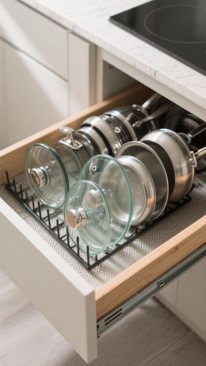 Photorealistic medium shot of a deep drawer organized with a file-style rack: pot lids stand upright on one side (glass grouped with glass, metal with metal), pans stacked on the other. Most-used lids positioned front and center, specialty lids toward the back. Smooth maple drawer box, quiet soft-close glide visible, minimal shadows, neutral contemporary kitchen palette, subtly textured non-slip liner under lids.