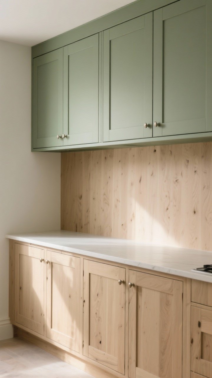 Photorealistic medium shot of a European-inspired kitchen wall of cabinetry: timeless Shaker lower cabinets in pale oak paired with super-matte painted slab uppers in dusty green, ultra-thin rails, J-pull integrated handles, and a crisp 2 cm profile worktop edge; integrated hardware shadowlines, impeccable matte lacquer finish that hides fingerprints; soft natural daylight with a warm tone, clean but not cold atmosphere, straight-on perspective highlighting the cabinet details and color contrast.