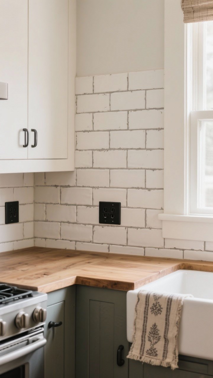 Photorealistic medium shot of a farmhouse-modern kitchen backsplash with matte, warm white subway tiles featuring slightly irregular, handmade-look edges; tiles laid in a vertical stack with warm gray grout for soft definition. Include matte black outlets and black hardware, soft natural daylight from the left, wood tones in the counter and a vintage runner partially visible. The scene should emphasize the matte finish absorbing light and the subtle edge irregularity, with a calm, cozy mood.