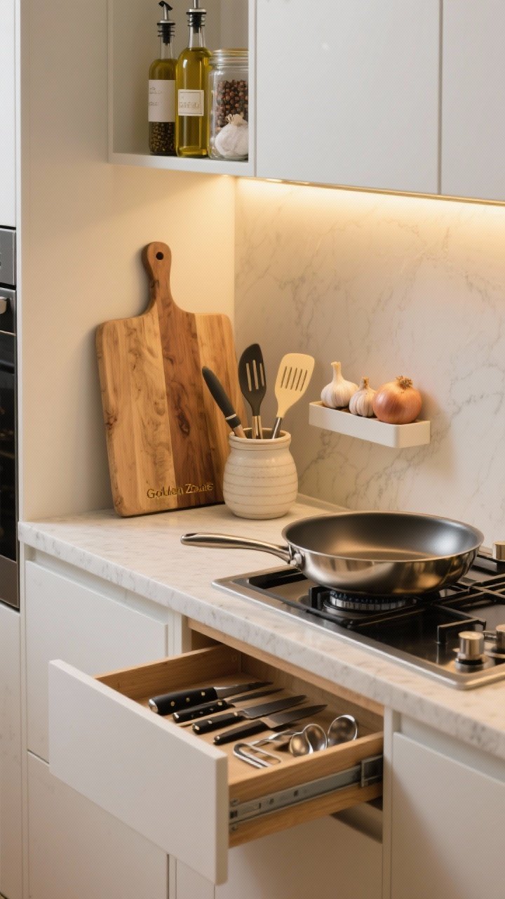 Photorealistic medium shot of a “Golden Zone” cooking cockpit: a single counter segment with a large wood cutting board, a ceramic utensil crock holding tongs and a spatula beside a go-to stainless skillet resting on the stovetop; open adjacent drawer reveals neatly arranged knives, measuring spoons, and a peeler; the cabinet above is ajar showing everyday oils, vinegar, salt, pepper, garlic bulbs, and onions in a shallow bin; warm under-cabinet lighting, matte white cabinets, light quartz countertop, no people, clean and efficient mood.