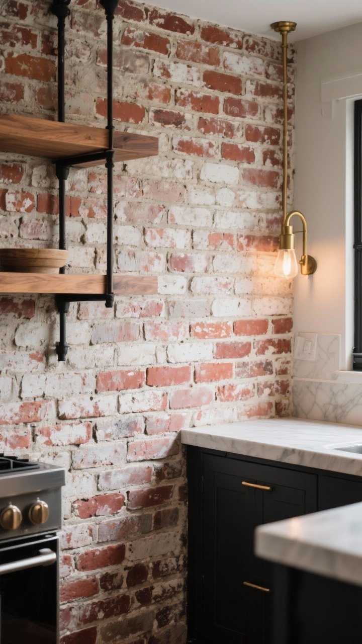 Photorealistic medium shot of a kitchen backsplash clad in thin brick veneer with authentic, dusty texture, slightly irregular edges, and a soft, matte sealer that preserves the natural look. A gentle limewash partially softens red tones, lending Old World charm. Pair with warm wood shelves and black/brass accents for loft vibes. Side lighting emphasizes the brick’s relief and patina, durable and lived-in.