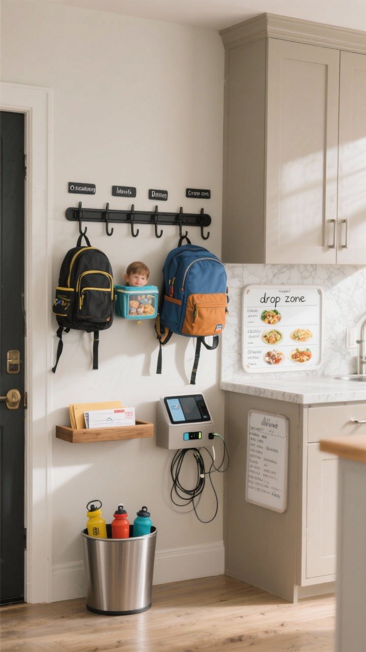 Photorealistic medium shot of a kitchen “drop zone” command center by the entry, straight-on view: wall-mounted black metal rail system with labeled hooks for each family member holding backpacks and lunch boxes, a slim wood shelf with sorted mail, a small bin corraling stainless and colorful water bottles, a compact charging station with neatly routed cords for tablets and phones, and a small whiteboard listing weekly dinners. Neutral cabinetry, light quartz backsplash, warm natural light, clean and functional mood.