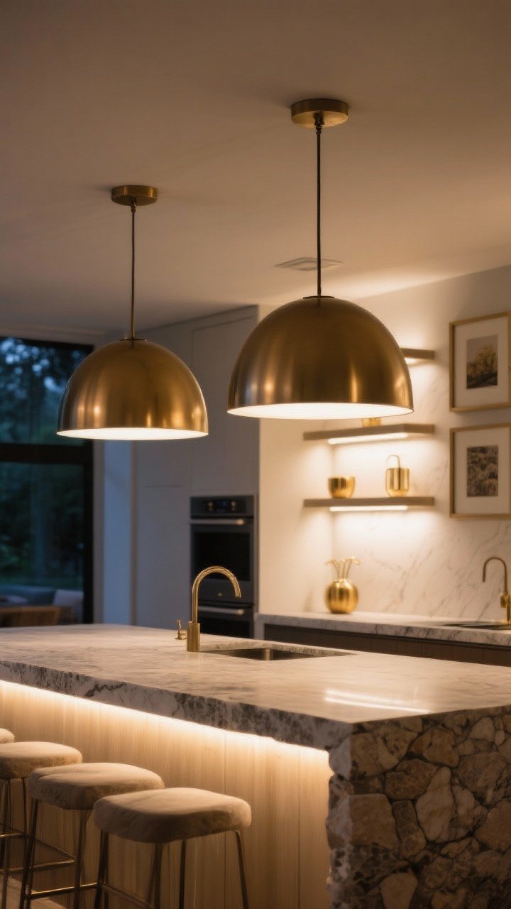 Photorealistic medium shot of a kitchen island lit like a stylist’s setup: two oversized matte brass dome pendants centered over a stone-topped island, warm-white glow (2700–3000K); under-cabinet LED strips casting an even, shadow-free wash on the counters; small brass picture lights above open shelves to the side, creating a boutique feel; evening ambiance with layered lighting clearly visible, no people