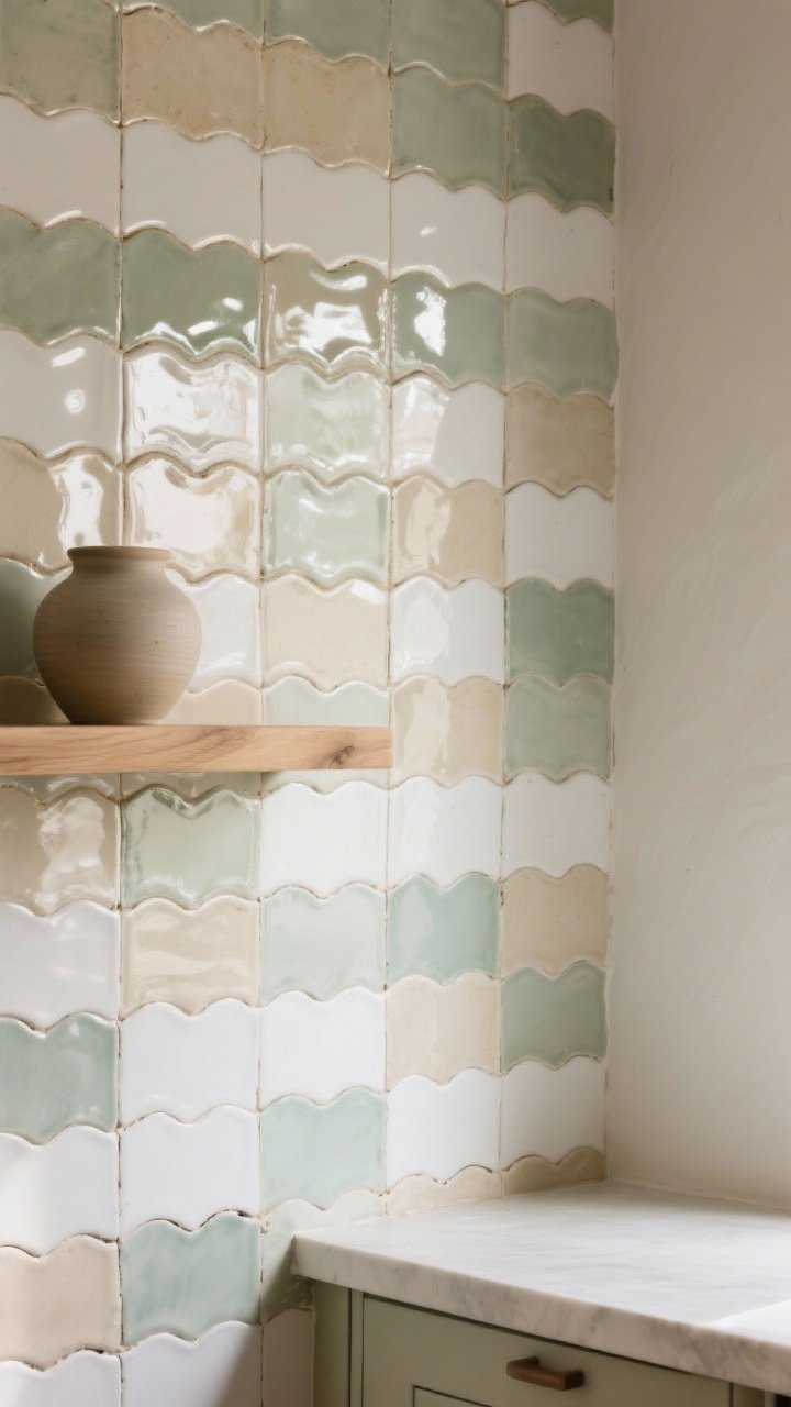 Photorealistic medium shot of a kitchen wall clad in handmade zellige tiles with wavy edges and glossy glaze, subtle color variation in soft neutral sage/ sand/ chalky white; tiles installed in a tight grout layout; vertical stack pattern to modernize; natural Mediterranean farmhouse vibe with warm oak floating shelf and simple pottery; diffused daylight bouncing off the glazed surfaces to show the imperfect shine; corner angle to reveal texture and light play.