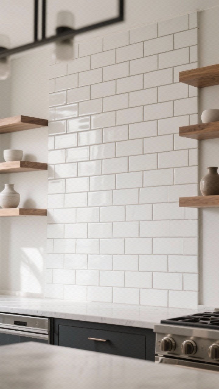 Photorealistic medium shot of a modern kitchen backsplash showcasing white 3x6 subway tiles installed in a perfectly aligned soldier stack running vertically to the ceiling behind open shelves; contrasting warm gray grout emphasizes the grid pattern; matte tile finish for a sleek, tailored vibe; open wood shelves with minimal ceramics; soft daylight from the left; clean edges and minimal hardware for a luxe, custom look
