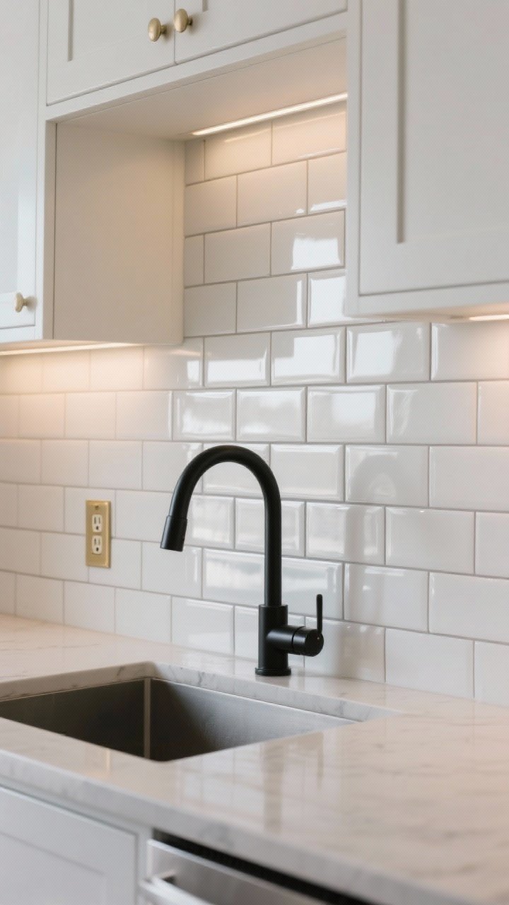 Photorealistic medium shot of a modern kitchen backsplash featuring high-gloss white subway tiles with a warm white tone, stacked vertically with tight, soft gray grout lines; the glossy surface reflects under-cabinet lighting and brightens a slightly dim space; include simple white shaker cabinets, a slim brass outlet cover, and a matte black gooseneck faucet for contrast; clean, crisp, contemporary mood, straight-on angle highlighting the vertical layout and shine.