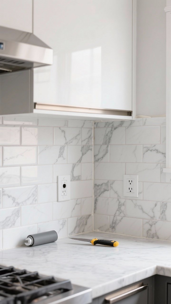 Photorealistic medium shot of a modern kitchen backsplash being updated with peel-and-stick tiles: realistic marble-veined peel-and-stick panels meeting matte white subway-look peel-and-stick in a mixed arrangement, captured straight-on with soft natural daylight. Include a J-roller on the quartz counter, a sharp utility knife near an outlet cutout, and slim brushed metal edge trim finishing the side. Subtle sheen, clean outlets, silicone-caulked edge, budget-friendly vibe, no people.