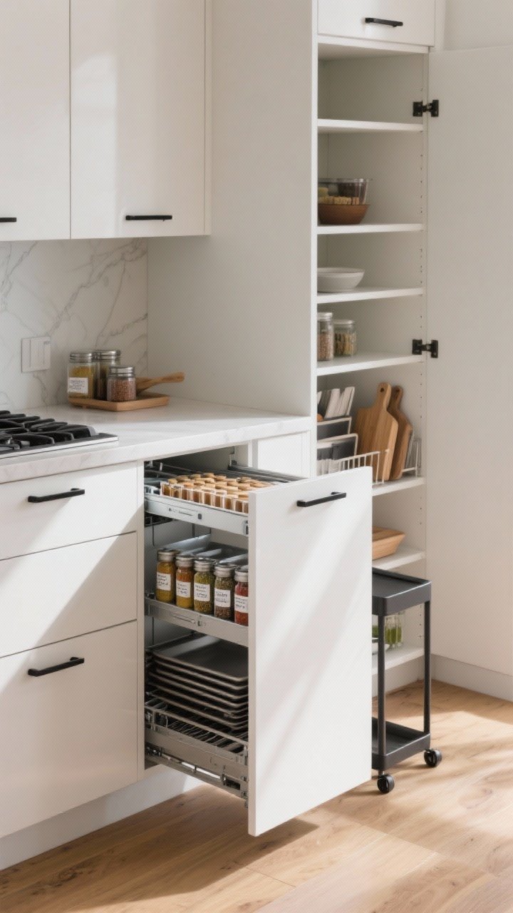 Photorealistic medium shot of a modern kitchen base cabinet with sleek white flat-panel fronts opened to reveal soft-close pull-out organizers: a 6–9 inch spice pull-out beside the range with every spice label visible, a vertical tray divider pull-out holding sheet pans and cutting boards, and a full-height pantry pull-out tower with shallow 3–4 inch-deep shelves so nothing is lost in back; neutral palette with matte black hardware, light oak floor, soft natural daylight from the left; include a freestanding pull-out cart inside one cabinet to suggest a renter-friendly option.