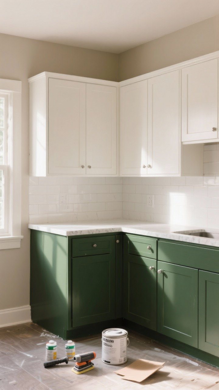 Photorealistic medium shot of a modern kitchen corner showcasing freshly painted cabinets: darker deep green lowers with soft white uppers for a two-tone look, satin finish with subtle sheen; smooth shaker fronts, light warm greige walls, white quartz counters, simple white tile backdrop; natural morning light from the left highlighting the paint finish and clean edges; include paint supplies set aside on a covered floor (sander, primer can, fine-grit sandpaper) to suggest prep, no people, airy modern feel.