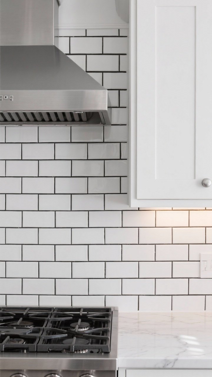 Photorealistic medium shot of a modern kitchen wall featuring white shaker cabinets and a high-contrast subway tile backsplash with charcoal/black grout; tiles in a stacked vertical layout using skinny 2x8 matte white ceramic for a crisp graphic look; tile runs to the ceiling behind the stainless range and vent hood for a designer moment; include sealed dark grout lines, simple white quartz counters, and subtle under-cabinet lighting; straight-on perspective emphasizing the sharp grout grid; no people.