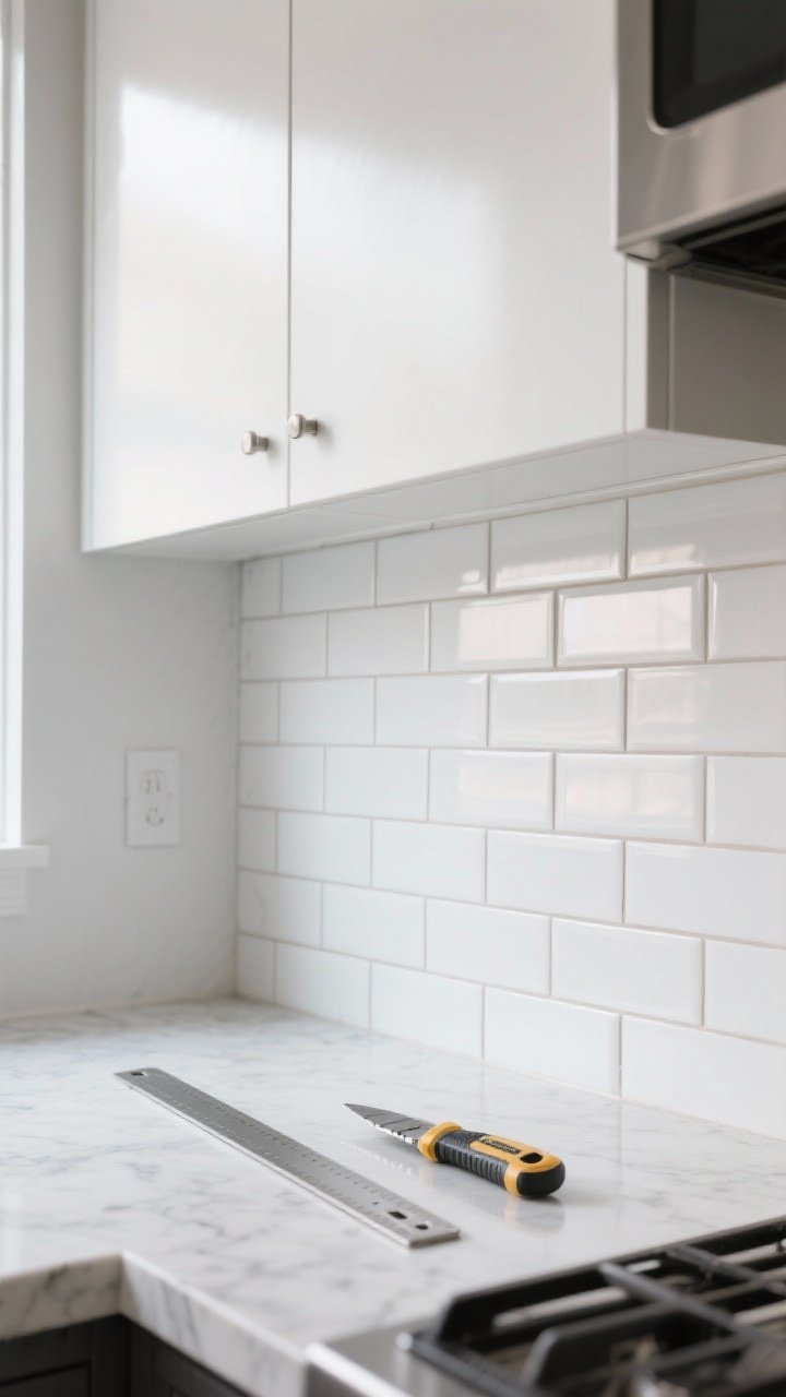 Photorealistic medium shot of a modern kitchen’s most visible backsplash wall featuring peel-and-stick gel subway tiles with realistic grout lines, clean white with subtle sheen; run neatly up to the bottom of the upper cabinets for a seamless look. Show a sharp utility knife and metal ruler on the quartz countertop as if mid-install. Natural daylight from the left highlights the tile finish; keep patterns simple and edges crisp, renter-friendly vibe, no people.