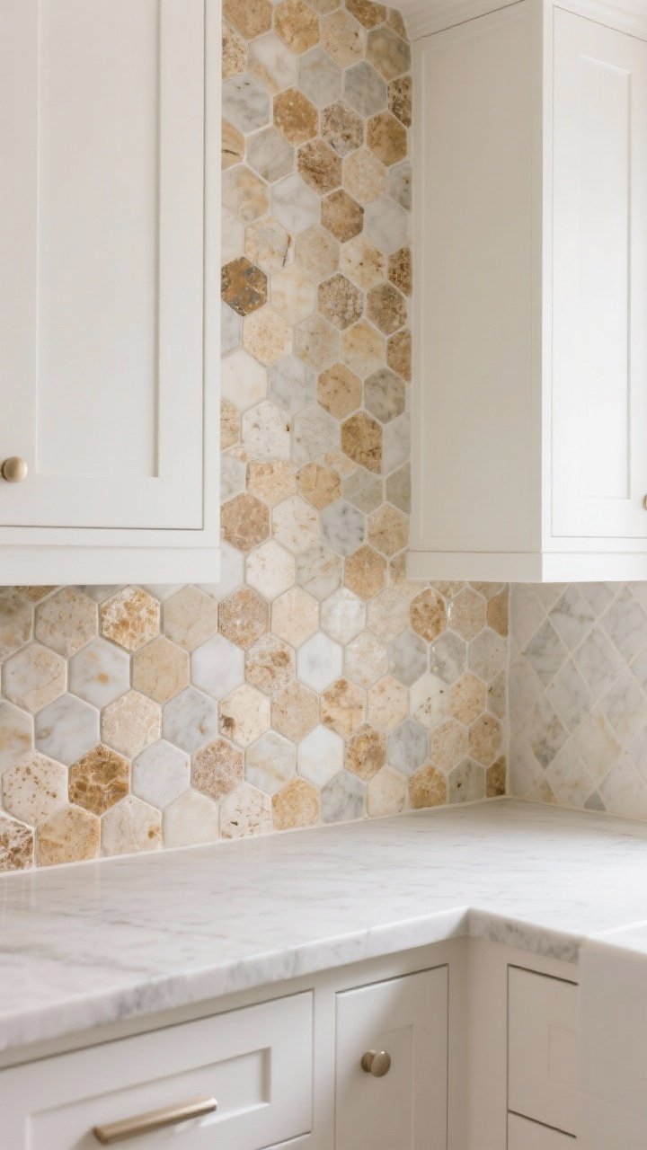 Photorealistic medium shot of a natural stone mosaic backsplash—honed marble and limestone mini-hex mix—for organic texture with white cabinets; warm-toned stone chosen to suit creamy cabinet white; sealed porous stone with a soft, matte finish that hides smudges; consistent small-format tile size to avoid busy-ness; quiet neutral counters; gentle ambient daylight; slight side angle to reveal texture and depth; no people.