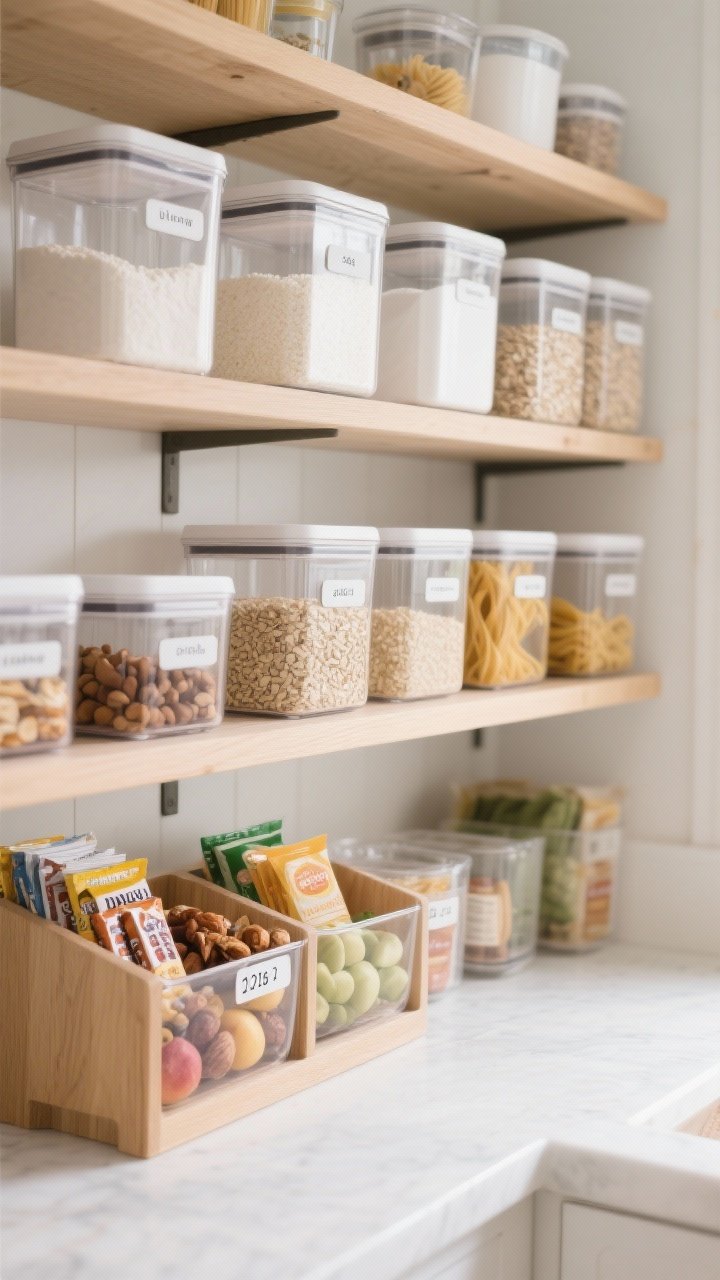 Photorealistic medium shot of a pantry shelf system with clear containers and labels: square and rectangular airtight canisters for flour, sugar, rice, oats, and pasta with clean, consistent labels; clear bins zoning snacks, produce, and deli items; a dedicated snack station bin with bars, nuts, and fruit leather; date stickers on perishables; light wood shelves, minimal visual clutter, bright natural lighting for a crisp look, straight-on symmetrical framing for a tidy, calming effect.