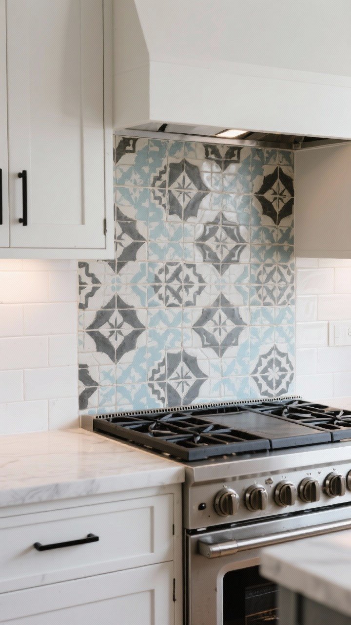 Photorealistic medium shot of a patterned cement tile backsplash with Moroccan-inspired geometric motifs in charcoal, soft white, and dusty blue; used as a feature panel behind the range with the rest of the backsplash simple white tile; matte black hardware and simple cabinet pulls to balance the bold pattern; porcelain-look cement tiles for low maintenance; soft overhead lighting with slight vignette to focus on the feature zone; straight-on composition.