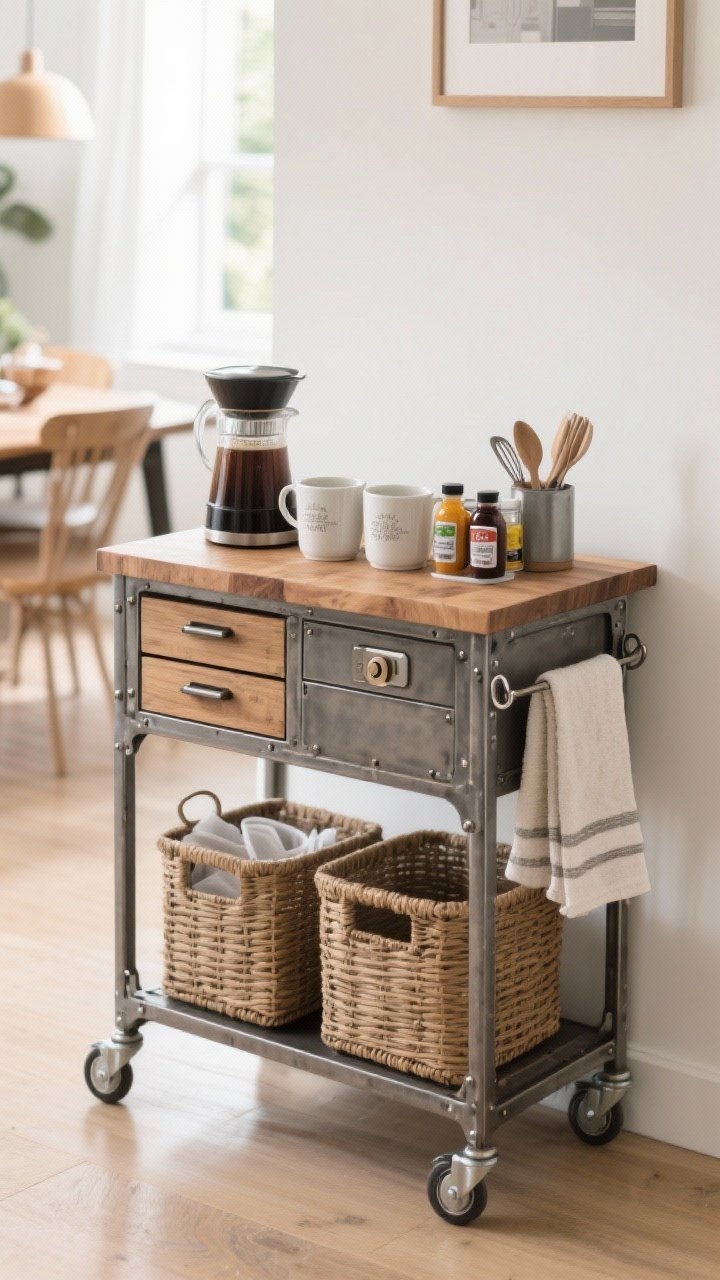 Photorealistic medium shot of a rolling cart in use, slight corner angle: narrow metal-framed cart with sturdy locking wheels and a butcher block top; styled as a coffee/tea bar with mugs on top, pods and syrups organized in drawers, filters below; matching bins/baskets to hide clutter; S-hooks on the side holding towels and a couple of utensils; placed near a dining area backdrop; bright, welcoming natural light; no people