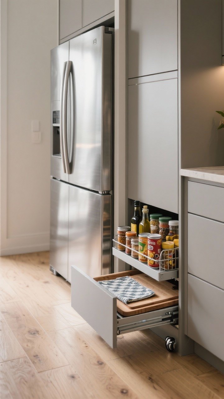 Photorealistic medium shot of a slim space next to a stainless fridge featuring storage solutions: a narrow filler pull-out packed with spice jars, oils, and baking sheets; toe-kick drawers beneath base cabinets subtly pulled open to reveal placemats and extra cutting boards; a slender rolling fridge-gap caddy holding canned goods and snacks; matte cabinet fronts, light wood floor, soft ambient lighting; precise measurements implied, practical mood.