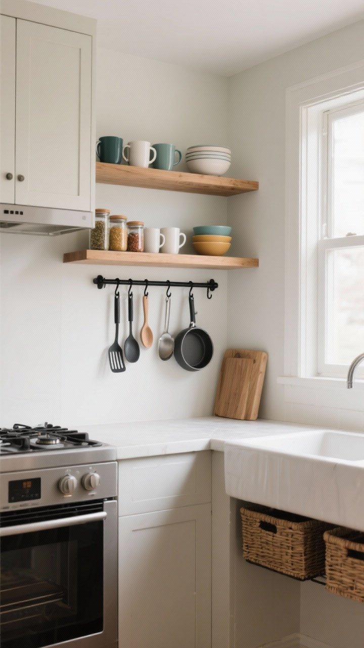 Photorealistic medium shot of a small kitchen wall with floating shelves above a sink and stove, styled with color-coordinated mugs, bowls, and spice jars; a matte black rail system with hooks holds utensils and pans; a corner shelf softens cabinet lines; under-shelf baskets add storage; clean, uncluttered look with light walls, natural wood shelves, and soft daylight from a nearby window