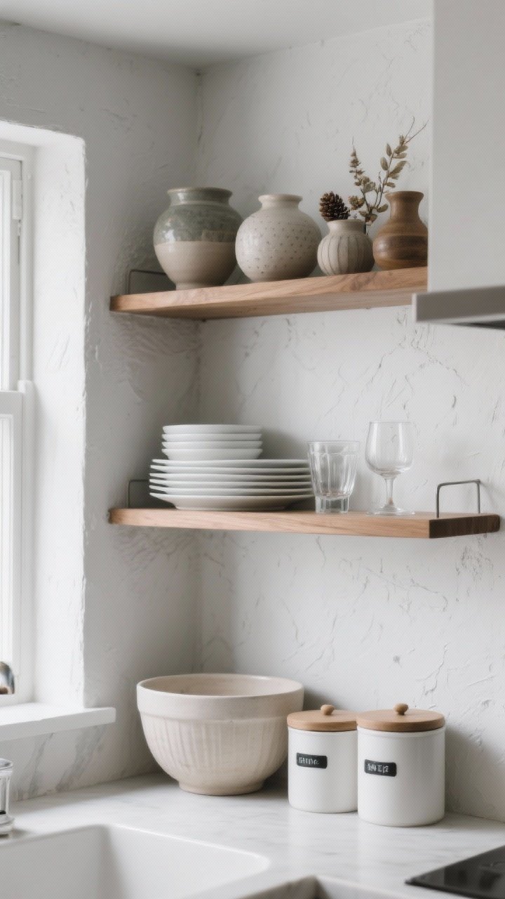 Photorealistic medium shot of a small kitchen wall with open vertical shelves in a tight color palette of white, soft gray, and warm wood; top shelf styled with display-worthy ceramics and seasonal pieces, middle shelf holding neatly stacked everyday white plates, bowls, and clear glasses, bottom shelf with heavier mixing bowls and labeled matching canisters; minimal visual clutter, matte finishes, natural daylight from the left, subtle texture on plaster wall, cohesive matching containers to reduce visual noise, straight-on perspective
