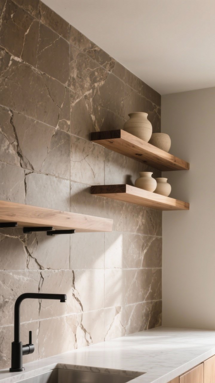 Photorealistic medium shot of a stone-look porcelain backsplash with a honed finish, in warm taupe with soft, organic variation. The tile runs all the way to the ceiling behind minimalist floating oak shelves for architectural drama. Include matte black hardware, creamy sand ceramics on the shelves, and diffused morning light grazing the honed surface to emphasize old-world charm with zero shine. Angle from the corner to show height and texture.