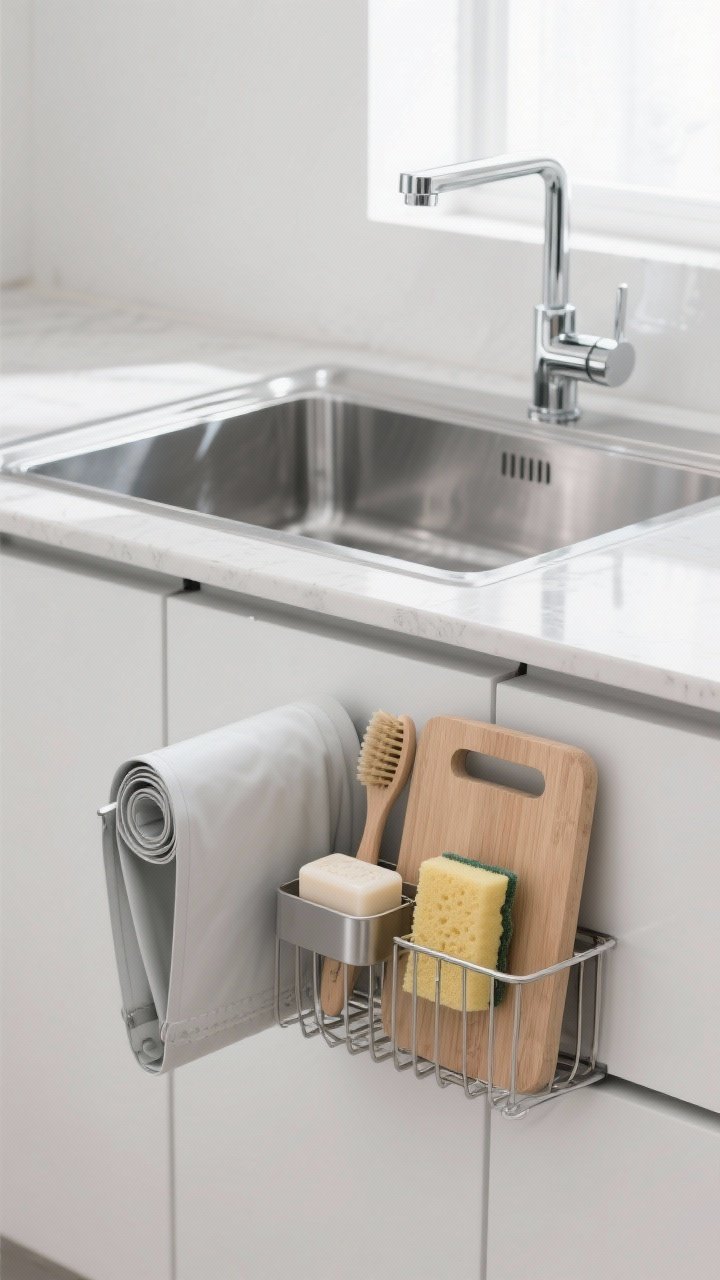 Photorealistic medium shot of a streamlined sink zone: a stainless over-the-sink roll-up drying rack partially unfurled, a slim caddy holding one soap, one brush, one sponge, and a fitted cutting board cover converting part of the sink into prep space; clean minimal aesthetic, subtle reflections on chrome faucet, bright but soft daylight for a fresh, uncluttered look