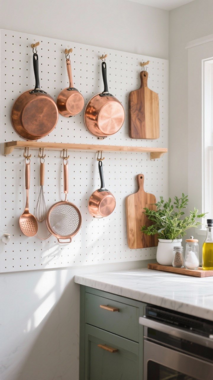 Photorealistic medium shot of a stylish pegboard wall in a small kitchen nook, shot from a corner angle: white pegboard with spacers, movable hooks and narrow shelves; copper pans, strainers, and wooden cutting boards displayed as functional art; cohesive color palette of white, copper, warm wood, and a pop of color in utensils; a small shelf with fresh herbs, salt cellar, and olive oil for a “mini mise en place”; natural daylight grazing the wall for soft shadows; no people