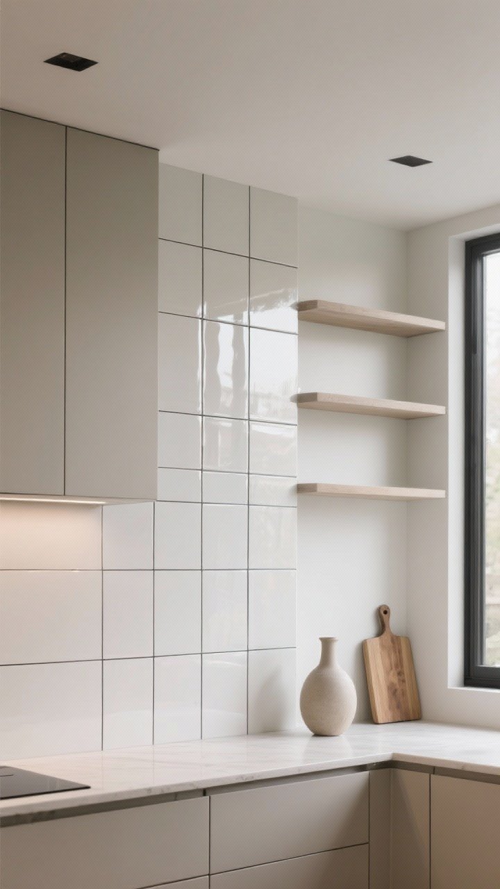 Photorealistic medium shot of a vertical tile stack backsplash: slim rectangular tiles (2x10 or 2x12) in a glossy or matte finish, stacked straight up to the ceiling behind floating shelves to elongate the wall; contrasting grout for graphic lines; clean, architectural modern lines with neutral cabinetry; simple counter styling (cutting board, single vase); soft overhead and natural window light; straight-on composition emphasizing verticality.