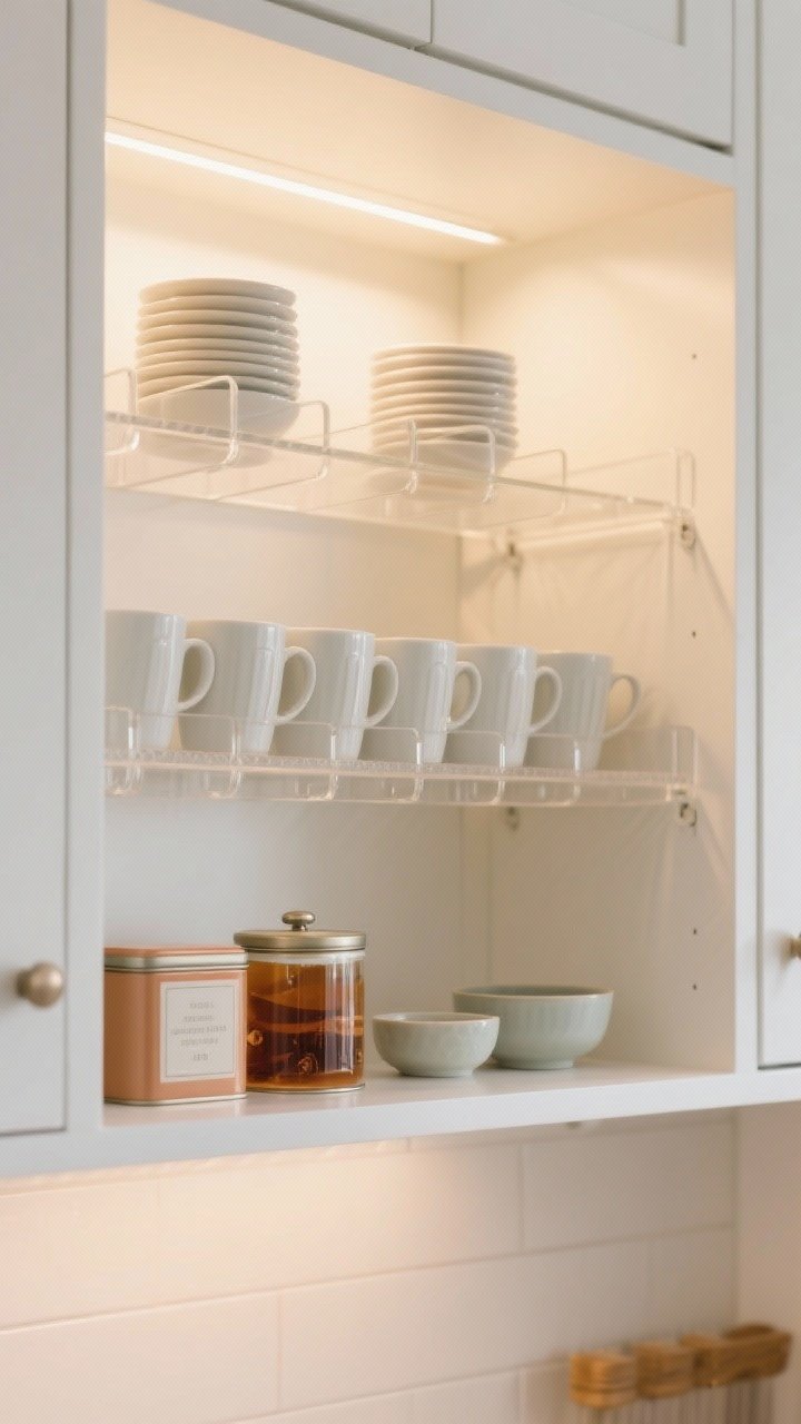 Photorealistic medium shot of an upper cabinet showcasing clear acrylic shelf risers that double storage: mugs neatly lined on the lower level, tea tins and small bowls on the upper tier. Depth-matched risers (about 11 inches) fit perfectly; non-slip liners under stacks. Soft, even cabinet lighting with a bright, airy look; white cabinet interior, subtle warm undertone, no clutter, stable stacks.