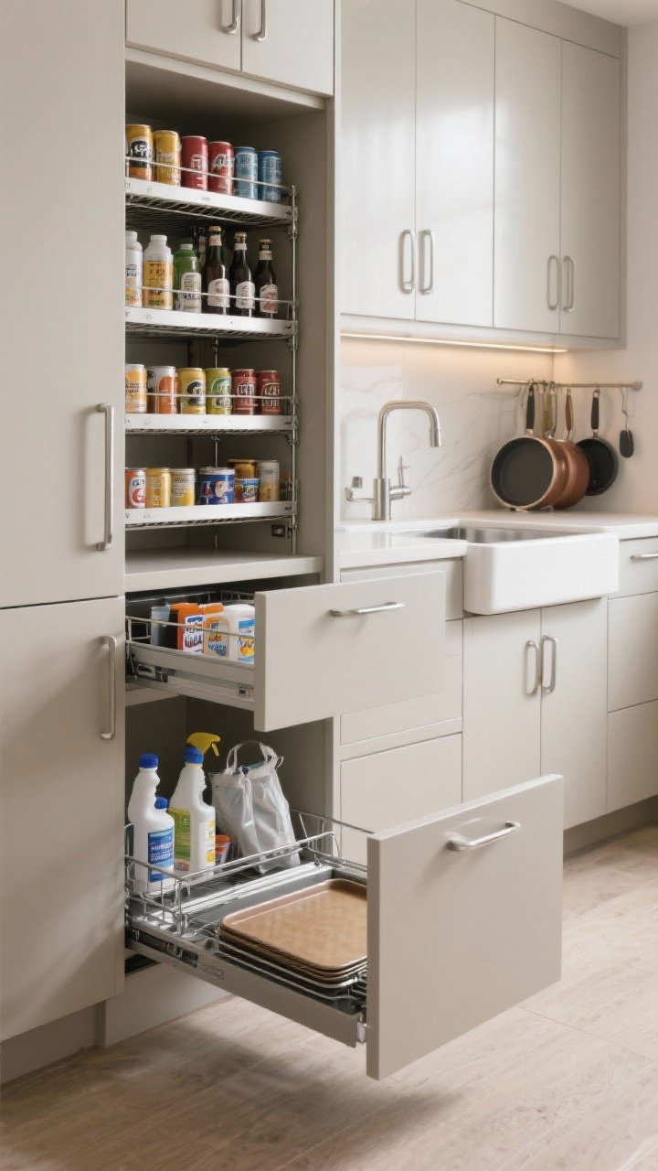 Photorealistic medium shot of base cabinets pulled open to reveal storage hardware: a tall pull-out pantry rack with neatly arranged cans and bottles, a roll-out tray under the sink with cleaners, bags, and dishwasher pods, a blind-corner pull-out swinging and sliding to show accessible cookware, plus a slim toe-kick drawer partially open with baking sheets. Neutral cabinetry, stainless accents, clean task lighting.