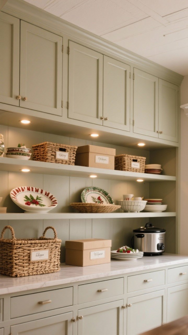 Photorealistic medium shot of cabinetry extended to the ceiling: stacked shelving with a top row of narrow overhead cabinets matching the lower door style and paint color for a seamless look; labeled woven baskets and boxes on the high shelves holding holiday platters, slow cooker, and serving pieces; subtle puck lights installed under the upper tier creating a polished glow; cohesive finishes, soft warm lighting, slight upward perspective