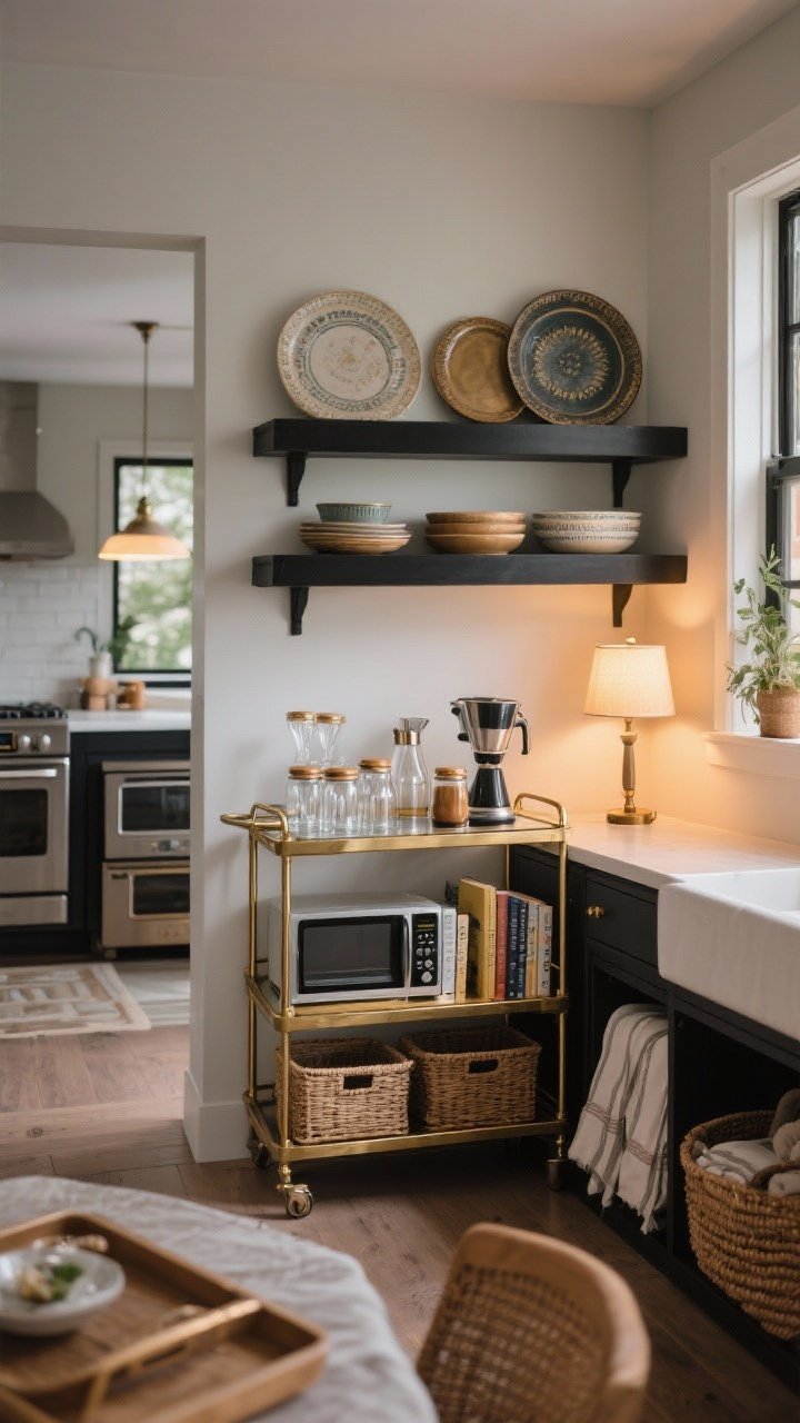 Photorealistic medium shot of furniture-based storage in an open-plan kitchen: a brass-and-glass bar cart styled as a coffee station with glassware, mixers, and canisters; a narrow matte-black console behind the island holding platters and serving bowls with baskets below; a steel baker’s rack with a microwave, toaster oven, and cookbooks; a cushioned storage bench in a breakfast nook storing table linens. Layered with trays, baskets, and a small table lamp for an intentional, cozy furniture moment. Warm evening lamp glow mixed with natural light.