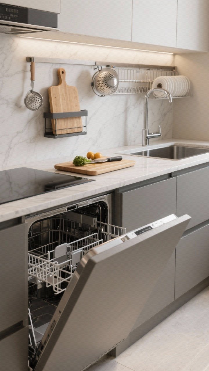 Photorealistic medium shot of hardworking counters: a pull-out cutting board above the dishwasher, over-the-sink accessories (cutting board, colander, roll-up drying rack) in use, and a fold-down counter attached to the wall for extra prep or bar seating; thin quartz countertop profile (about