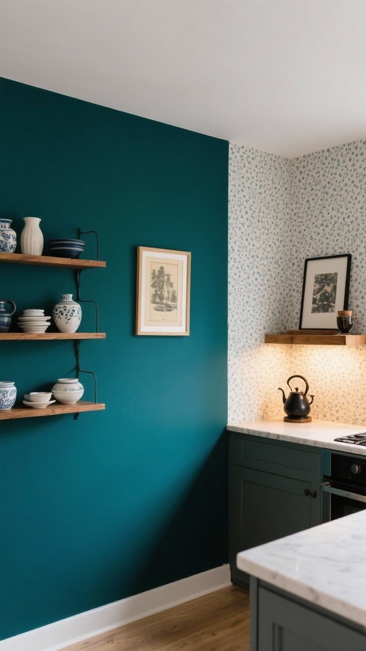 Photorealistic medium straight-on shot of a kitchen feature wall: deep teal painted wall behind open shelving displaying edited ceramics and a framed vintage print; adjacent section with subtle peel-and-stick micro-print wallpaper panel; small coffee bar vignette with black kettle, art, and wood shelf; balanced lighting with soft accent glow, single dramatic wall keeps rest neutral.
