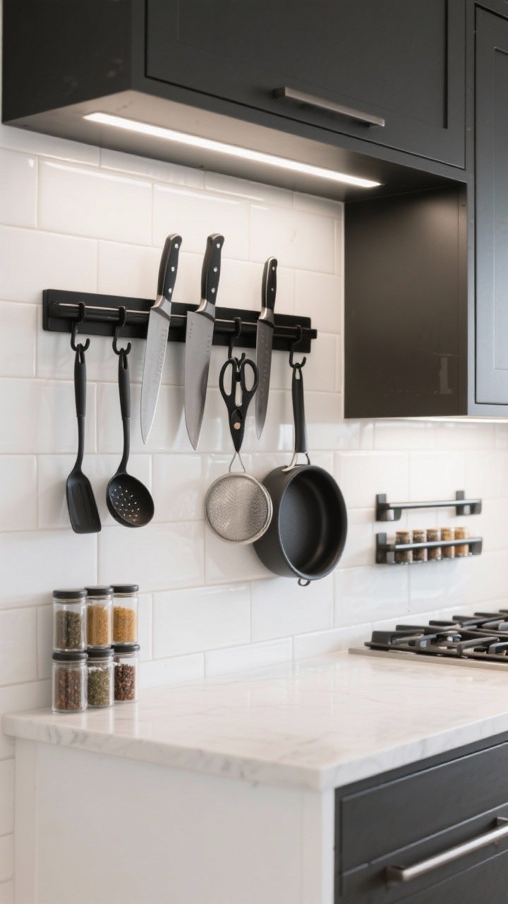 Photorealistic medium, straight-on view of a kitchen wall showcasing mounted storage: a matte black magnetic knife strip holding chef’s knives, a matching hanging rail with hooks for ladles, scissors, strainers, and a small pan, slim pot-lid bars installed inside an open cabinet door, and narrow spice shelves near the stove styled like a mini apothecary; cohesive single metal finish, white subway tile backdrop, directional under-cabinet lighting.