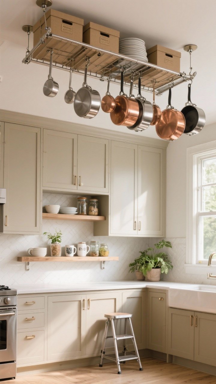 Photorealistic medium-wide vertical composition showcasing ceiling-to-counter storage: upper cabinets extended to the ceiling with matching boxes holding rarely used serveware, a ceiling-mounted pot rack with neatly arranged stainless and copper cookware, and a slim over-window shelf displaying plants, mugs, and jars; secure mounting implied with studs/anchors, lighter items up top, a slim foldable step stool leaning nearby; warm ambient light with daylight accents.