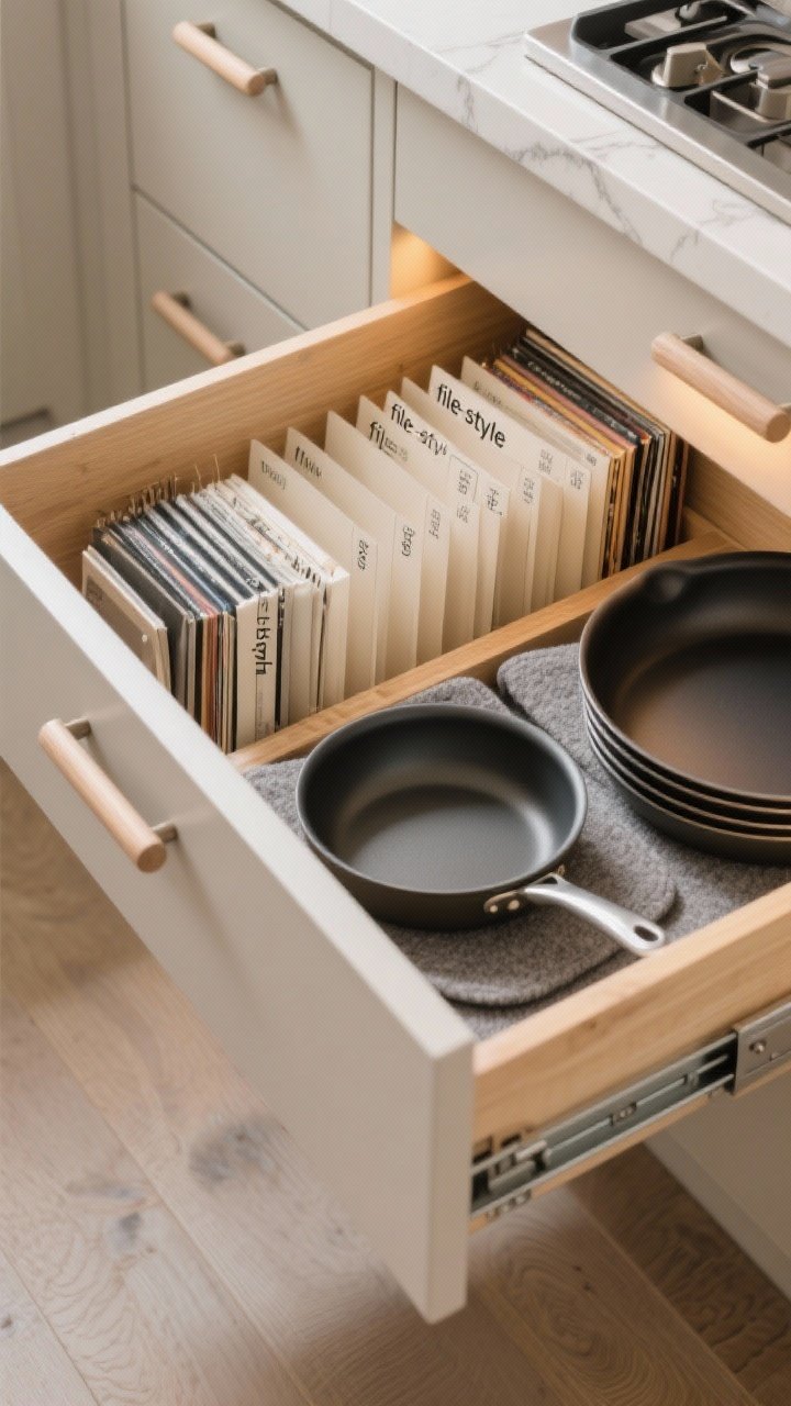 Photorealistic overhead closeup of a deep kitchen drawer outfitted with vertical dividers; lids stored upright “file-style” like records, skillets nested with gray felt protectors, and all handles positioned toward the front for easy grabbing; include soft-close slide hardware visible on the drawer sides; warm under-cabinet light grazes the interior, showing tidy rows and labels on dividers; neutral drawer interior with light maple finish.